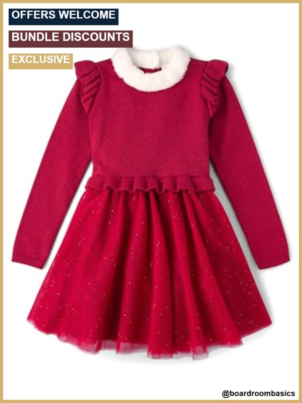 Girls Long Sleeve Tutu Dress Faux Fur Collar Glitter Skirt